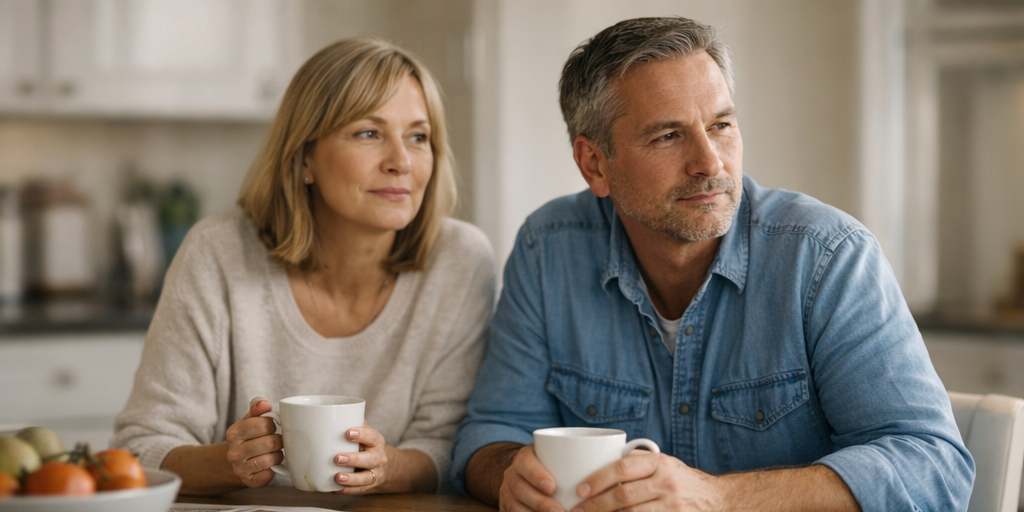 A calm morning kitchen scene with a middle-aged couple.
