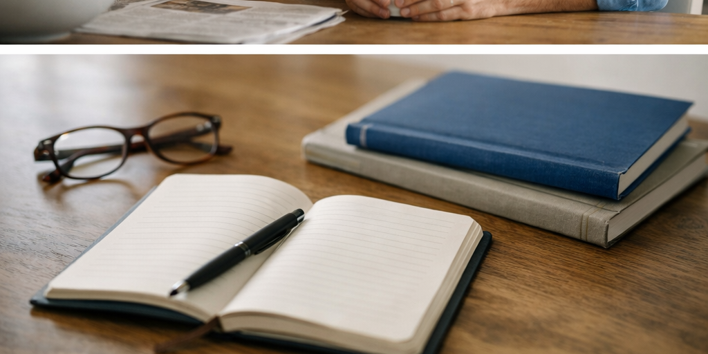 A quiet desk scene with a notebook and glasses.