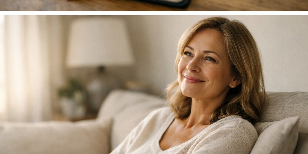 A relaxed middle-aged woman at home.